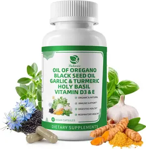 Organic Oil of Oregano Capsules with Black Seed Oil, Garlic, Turmeric, Holy Basil, Vitamin D3, E & Black Pepper for Better Absorption – Immune, Digestive & Respiratory – Vegan, Non-GMO
