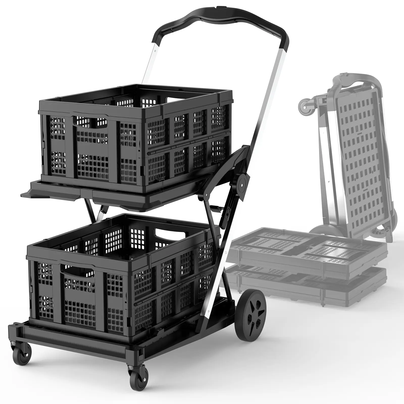 TOOLIOM Heavy-Duty Collapsible Utility Cart, 198-lb Capacity Folding Cart with 2 Removable Baskets, Adjustable Aluminum Frame, Quiet Rubber Wheels for Grocery, Office, Camping & Home Use