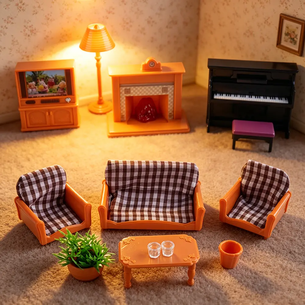 Dollhouse Miniature Living Room Toys Set with Plaid Furniture, Orange Sofa, Armchairs, Coffee Table, Plant, and Piano-Children's Birthday & Christmas Gift
