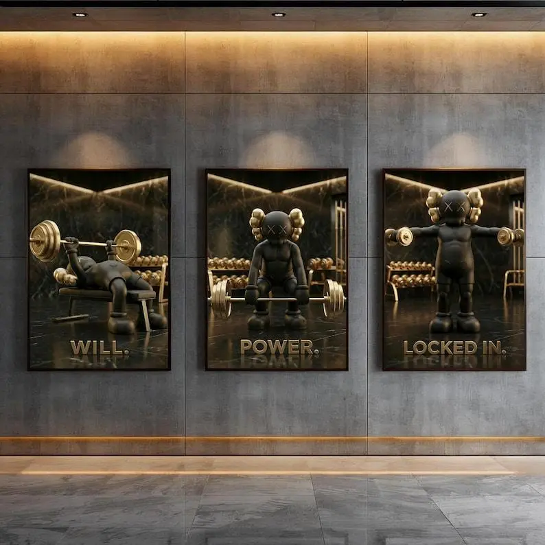 HypeBeast Gym Wall Art Set Of 3 Poster Print Unframed, Luxury Kaws Style Poster Set of 3, Black & Gold Gym Decor, Man Cave Office Print, 8K Download, Kaws Figured