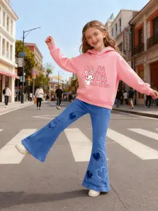 Girls Long Sleeve Hooded Sweatshirt Set, Cute Cartoon Print, Fitted Design, Casual Fall & Winter Wear, Perfect for School & Daily Use