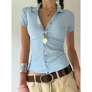Women’s striped print button-up shirt, summer casual slim-fit short-sleeve shirt, women’s everyday wear, casual elegant top GARMENTARY
