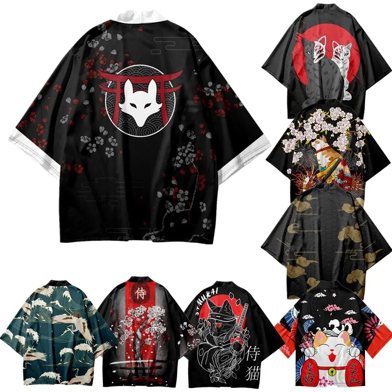 2023 summer cardigan feather woven seven-quarter-sleeved shirt creative elements 3D printed kimono cape lucky cat robe shirt