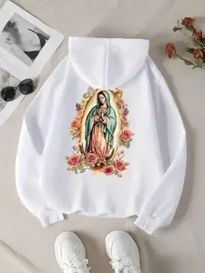 Women's Graphic Drawstring Pocket Hoodie, Casual Long Sleeve Hooded Sweatshirt for Daily Wear, Hoodies for Women, Ladies Clothes for All Seasons