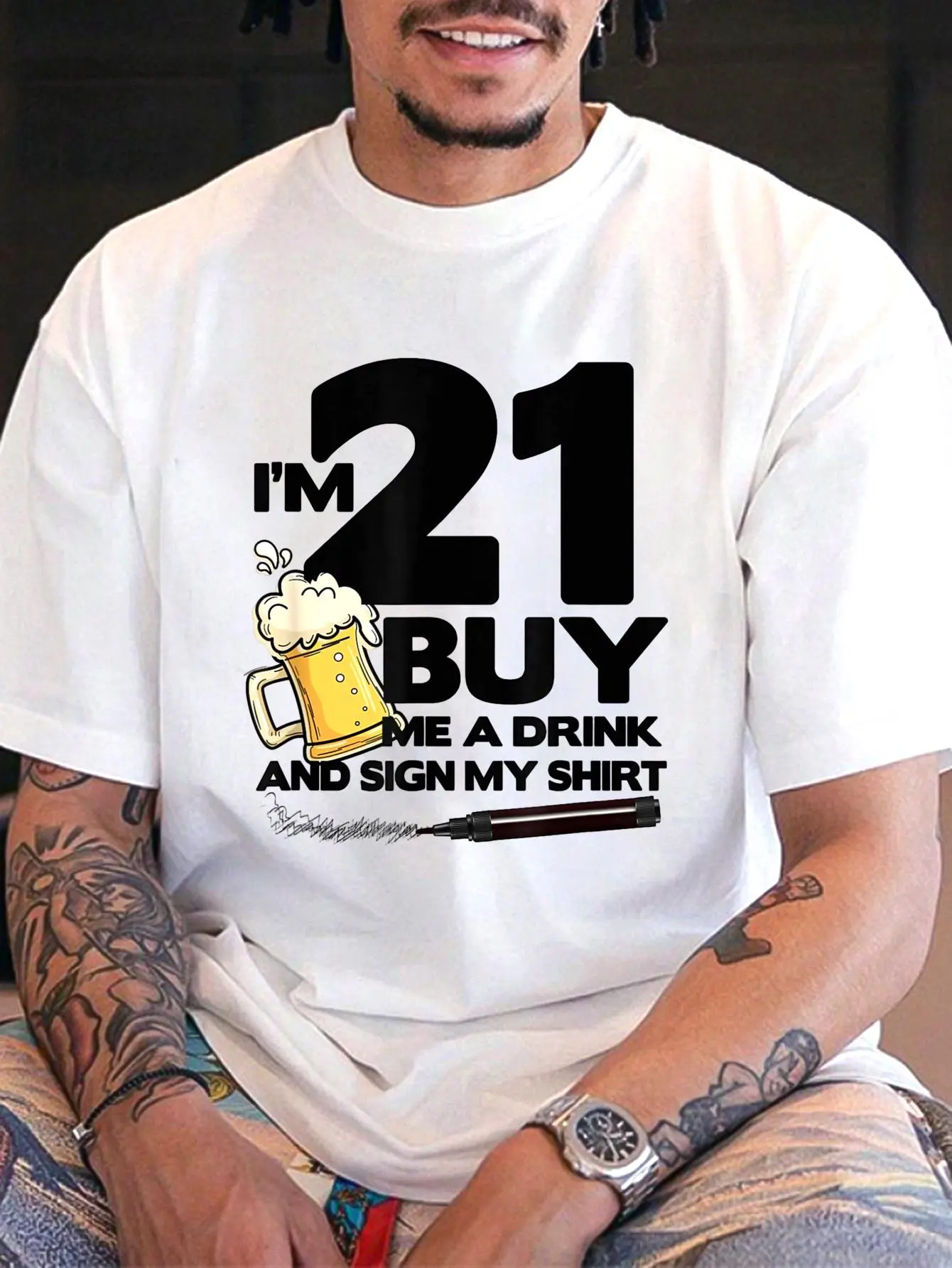 100% Cotton I'm 21 Buy Me A Drink And Sign My Shirt 21st Birthday Beer T-Shirt, Casual Fitted Loose Streetwear, Summer Fashion Top
