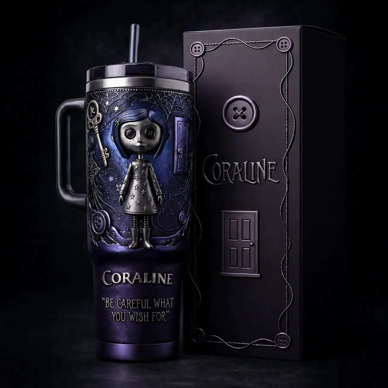 Coraline 40oz 30OZ 20oz Tumbler, Dark Fantasy Animated Movie Inspired Cup, High-Quality Stainless Steel Double Wall Insulated Travel Mug with Handle & Straw, Leakproof Drinkware, Spooky Adventure Fan Gift
