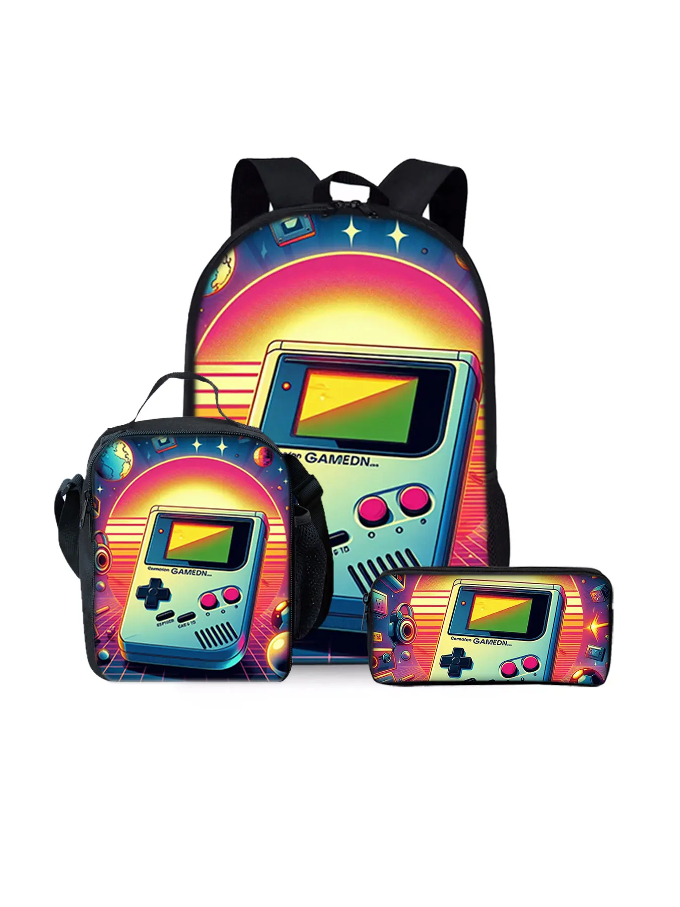 Game console pattern printed 17-inch backpack three-piece set (single-layer backpack + shoulder strap lunch bag + single-layer pencil case)