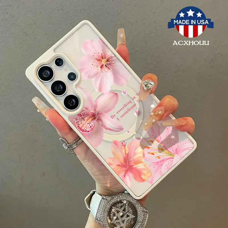 Chic Magnetic Case for Samsung S22/23/24/25 plus ultra Pink lily flower pattern MagSafe Ready, Anti-Slip, Ultra Thin | Aesthetic Touch for Daily Use