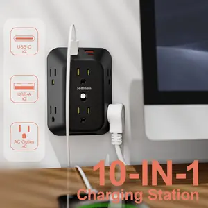 USB Wall Charger with Surge Protector, 6 Outlet Power Strip, 4 USB Ports with 2 USB-A and 2 USB-C, Multi-Functional Adapter for Home, Office, and Travel