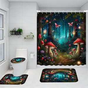HOT 1/4pcs Forest Mushroom Butterfly Printed Shower Curtain Set - Waterproof  Non-Slip  12-Hook Bathroom Decorative Bundle - Includes Bathtub Partition  Toilet Lid Mat  Bathroom Mat  and More! Rug