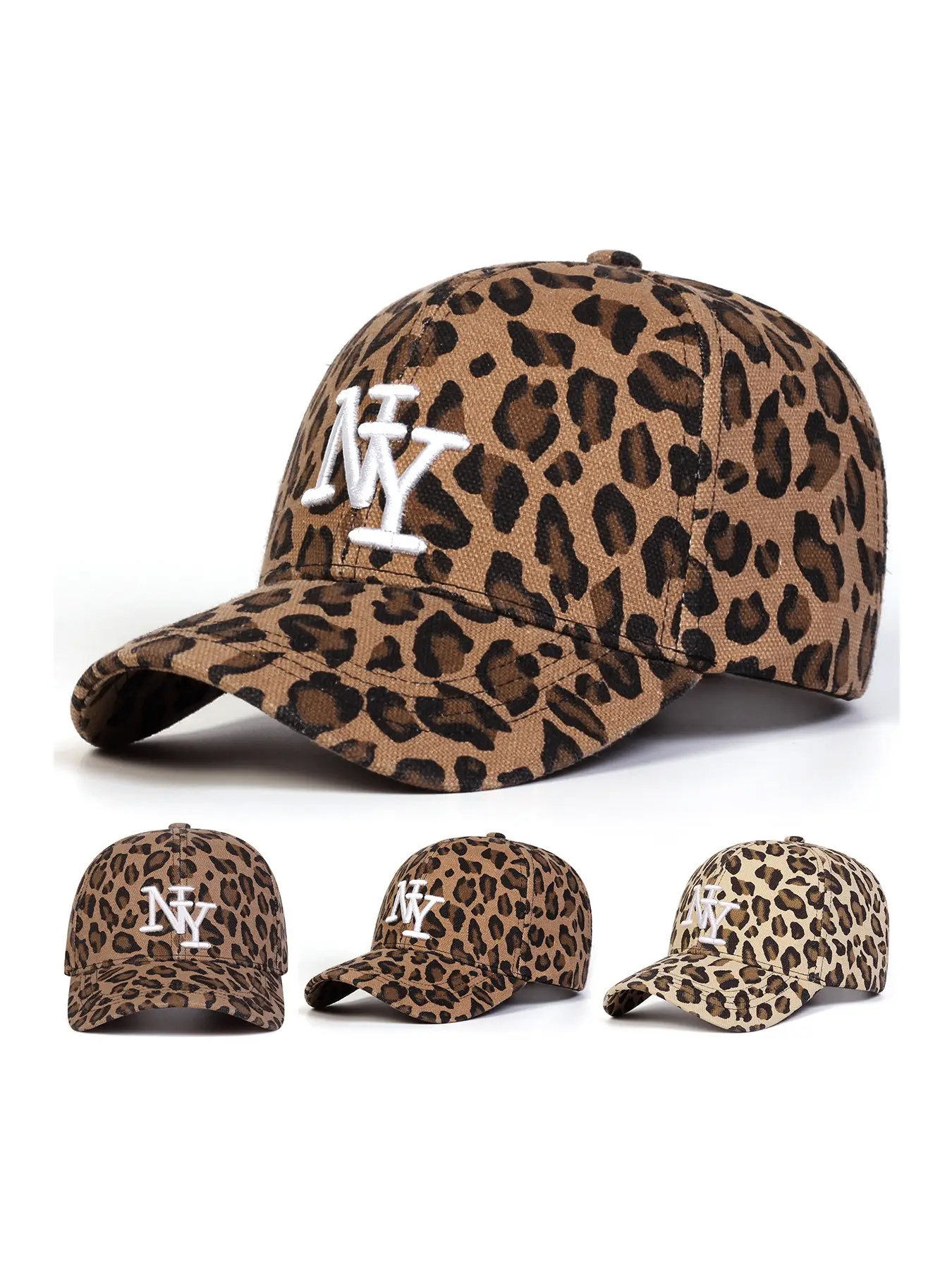 Women's Ny Leopard Print Hat, Adjustable Size, Fashionable Design, Suitable for Sports & Casual Outings, All-Season Woven Fabric Cap