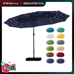 [LED Light] PHIVILLA Home 15ft Large Outdoor Patio Umbrella with Base – LED Light Option, Double-Sided, Crank Handle, Waterproof