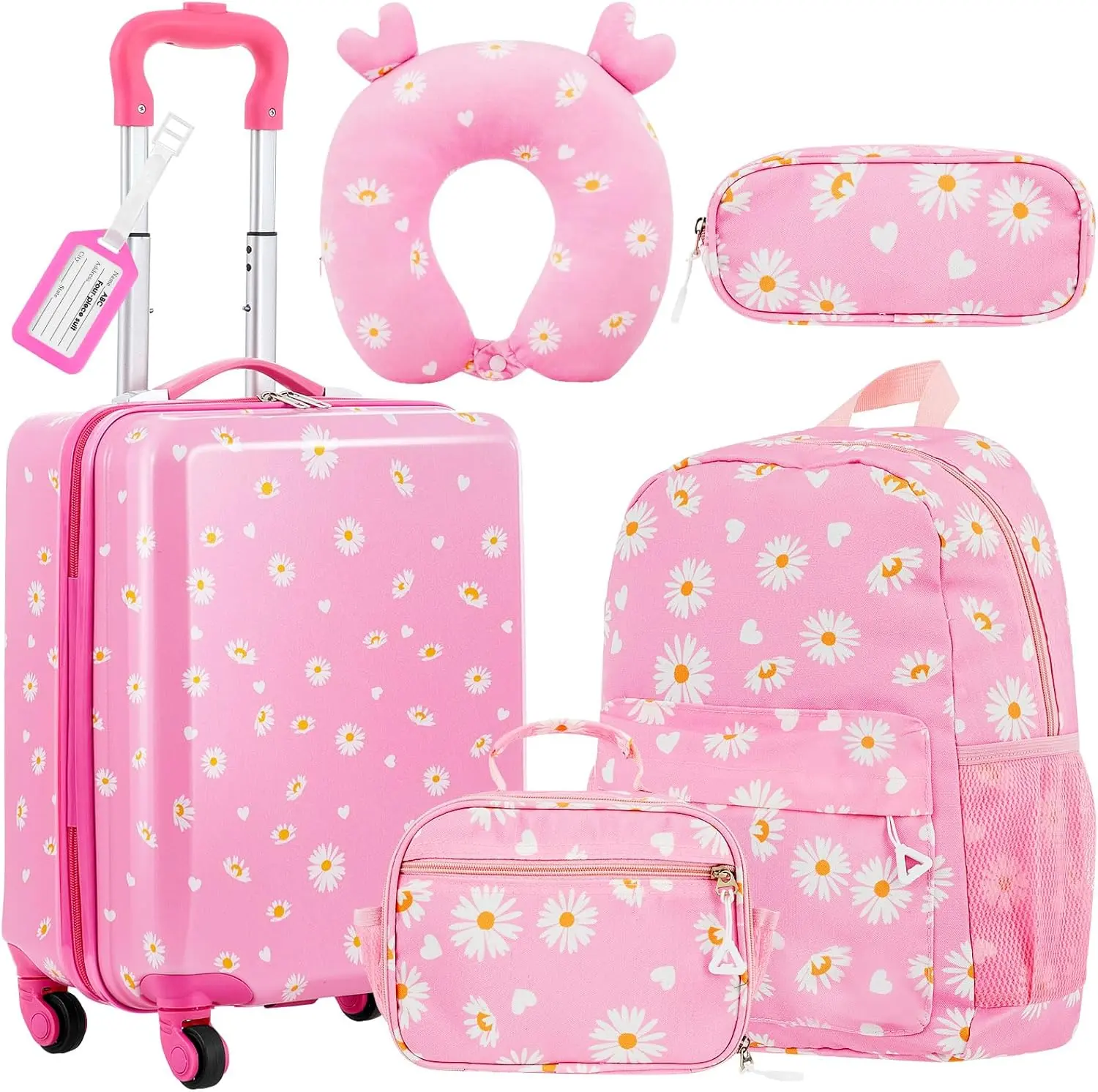 6 count  Luggage Set 17 Inch  Rolling Luggage Double  Suitcase for Girls Boys (Pink,Daisy Style)