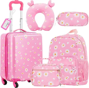 6 count  Luggage Set 17 Inch  Rolling Luggage Double  Suitcase for Girls Boys (Pink,Daisy Style)