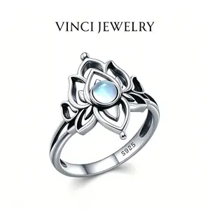 S925 Moonstone Lotus Ring for Women Girls Men Unisex, Steling Silver Vintage Spiritual Growth and Enlightenment Jewelry, Dark Goddess Hecate, Pagan, Wicca Healing Synthetic Moonstone Lotus Flower Jewelry, Gift for Mom Girlfriend Polished Gemstone