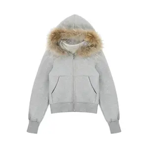 Y2K Vintage Faux Fur Hoodie Women Casual Gray Removable Collar Jacket Fashion Cropped Zip Up Sweatshirt Autumn Winter Tops New