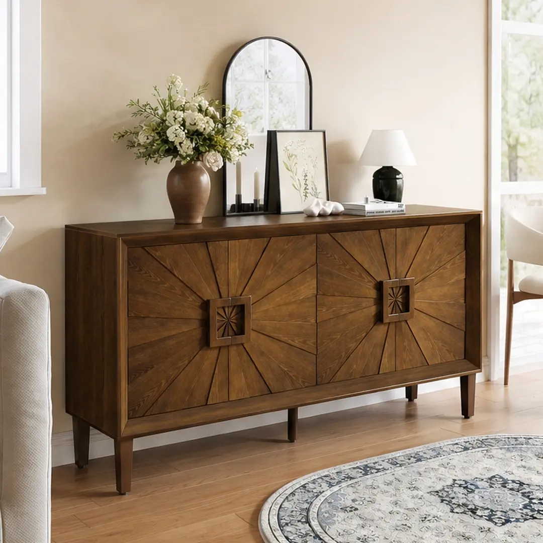 60'' Premium Rustic American Farmhouse Credenza Sideboard Buffet Cabinet with Symmetrical Sunburst Doors, Heavy-Duty Antique Wood TV Stand with Adjustable Shelves, Storage for Living Room Dining Room Kitchen, Multiple Color Options