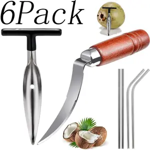 6Pack Coconut Opener Tools set,Stainless Steel Coconut Puncher,Straws, Coconut Meat Remover with Wood Handle,Durable Coconut Tool,for Handle Easy and Fast