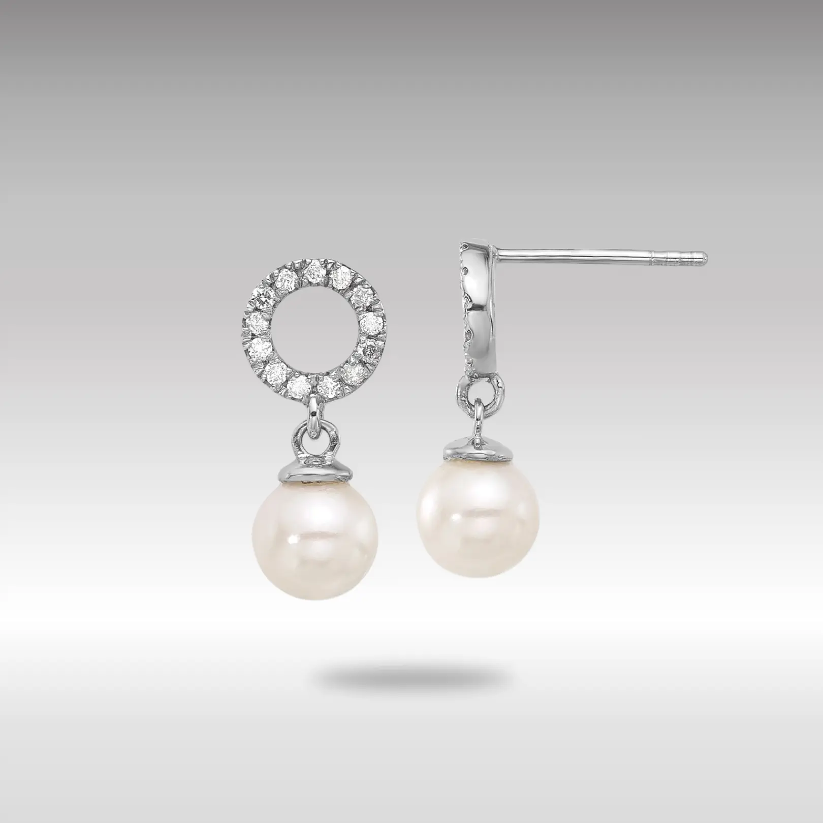 White 14K Gold 6-7mm Rnd White Akoya Pearl and .20ct Diamond Dangle Earrings - Model XF841E