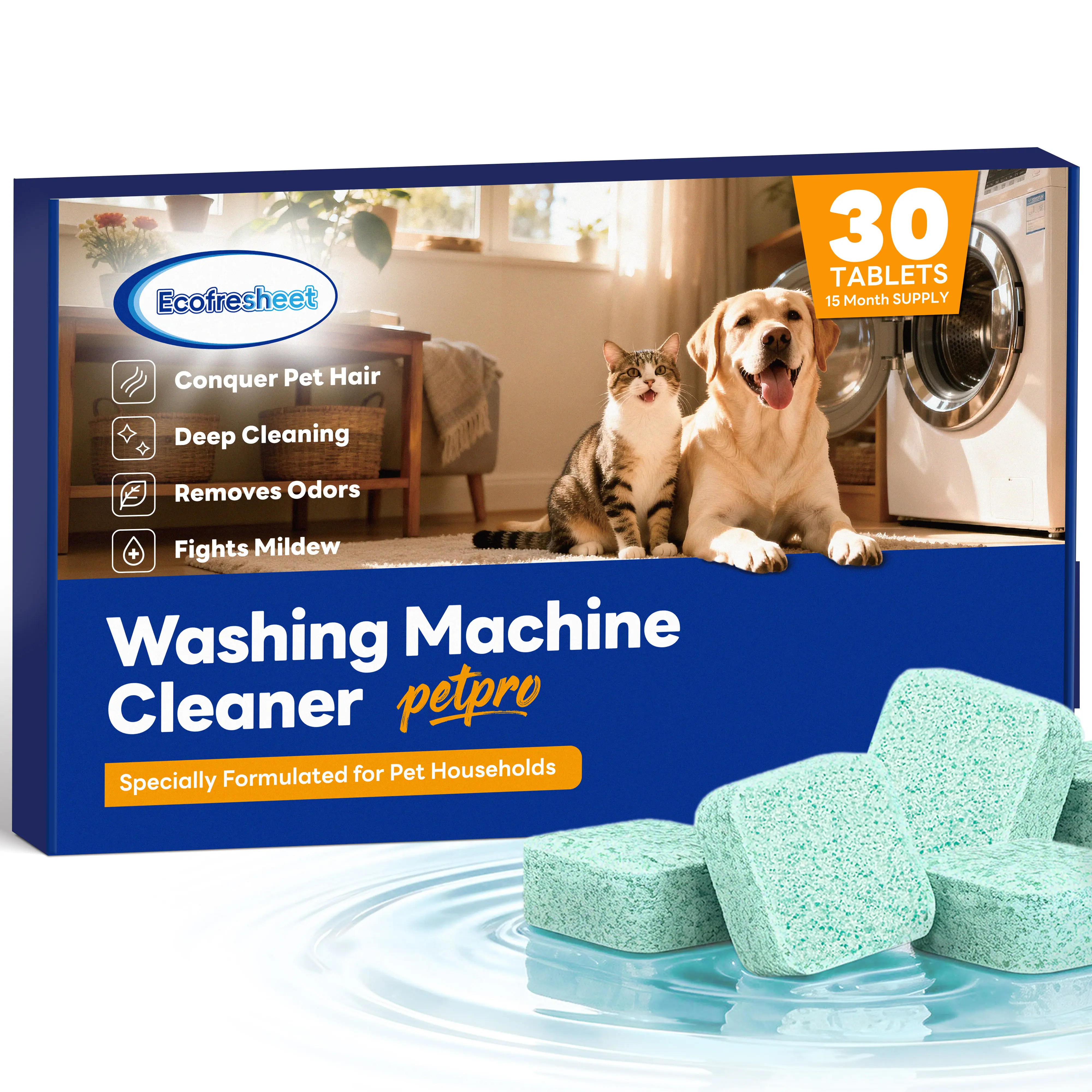 Ecofresheet Washing Machine Cleaner Tablets Pet Pro | Deep Cleaning Washer Descaler Odor Eliminator | Breaks Down Pet Hair & Fights Mildew | Safe for All HE Washers