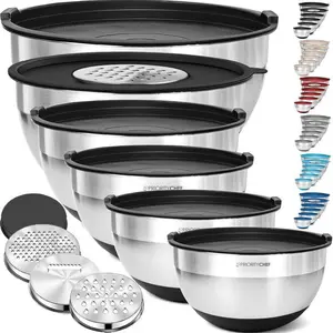 Priority Chef 6Pc Large Mixing Bowls With Lids Set with Non-Slip Bases, Stainless Steel Mixing Bowl Set, 6 Airtight Lids and 3 Graters, Black Tableware Silicone