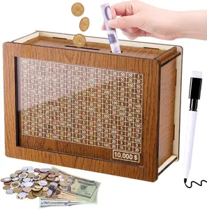 Piggy Bank for Adults Kids, Wooden Coin Bank for Boys and Girls, Cash Vault Money Saving Box with Counter $10000 Savings Challenge Money Box with Money Target and Numbers