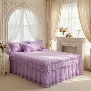 Luxurious French Princess Bedskirt Set, Includes 1 Bedskirt and 2 Ruffled Pillowcases, Elegant Mattress Protector