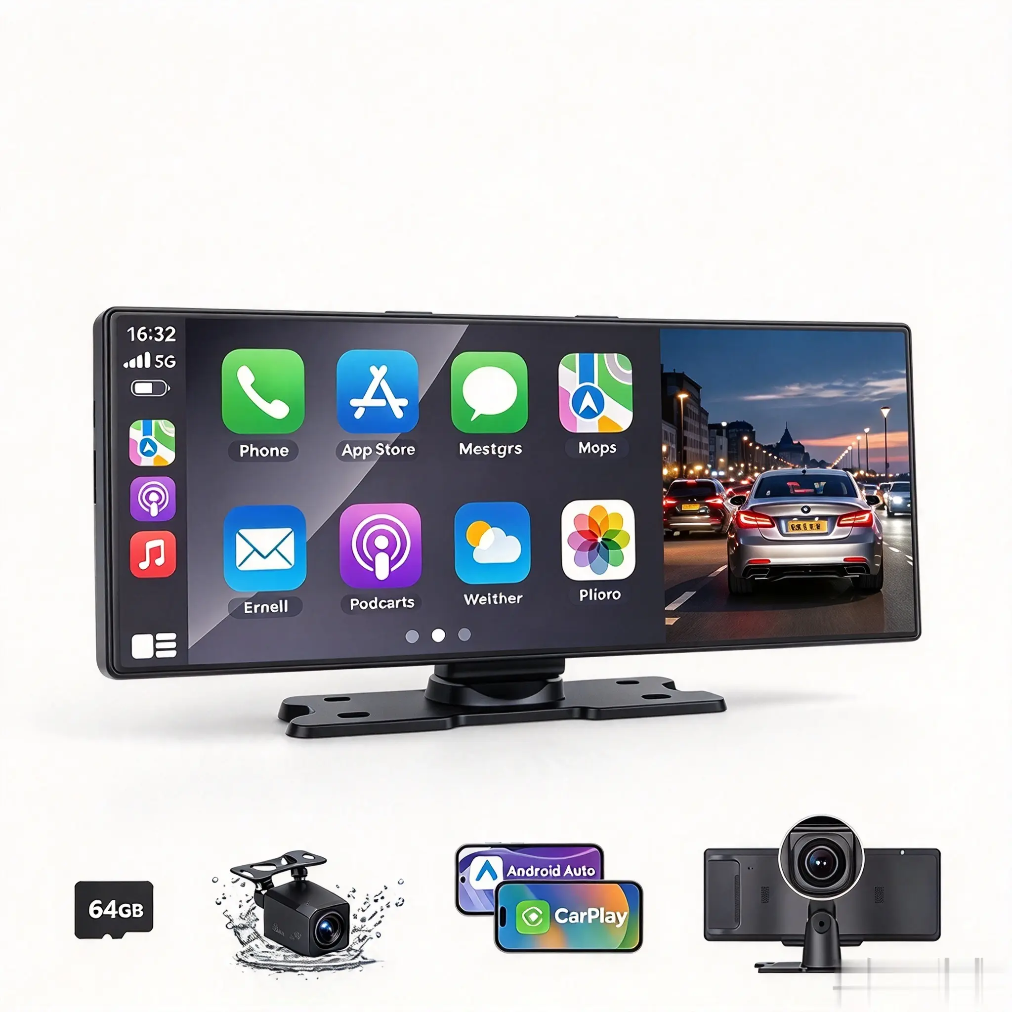 2027 Upgraded 9 inch  Wireless CarPlay Touchscreen Car Video Player - CarPlay Android Auto Media Adapter for iOS/Android Phones,Cars,12-24v,Aux Cable,Wireless Sync,Easy Install,Anti-Vibe Mount,Portable,FM Radio,Loop-Enabled,1080p Reversing Camera