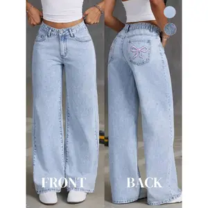 Women's Plain Bow Embroidery Button Fly Straight Leg Jeans, Casual Comfy Pocket High Waist Denim Pants for Daily Wear, Ladies Bottoms for Fall & Winter, Baggy Pants