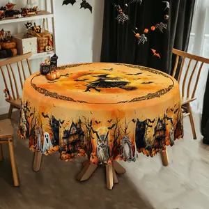 Halloween Decor Printed Tablecloth, Day Of The Dead Round Table Cloth, halloween outdoor decoration set 2025, Witch Ghost Black Cat Pumpkin Pattern Print, Holiday Party Indoor Dining Decoration, Rectangular Table Cover, Holiday Household Kitchen Gift