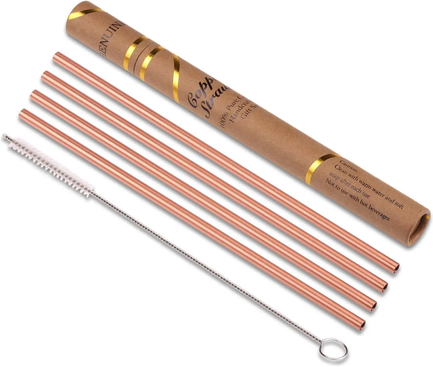Solid Copper Drinkware Straws, Food-Safe Copper Mule Drinking Straws (Set of 4) – 8.5in Straight, Cleaning Brush Included