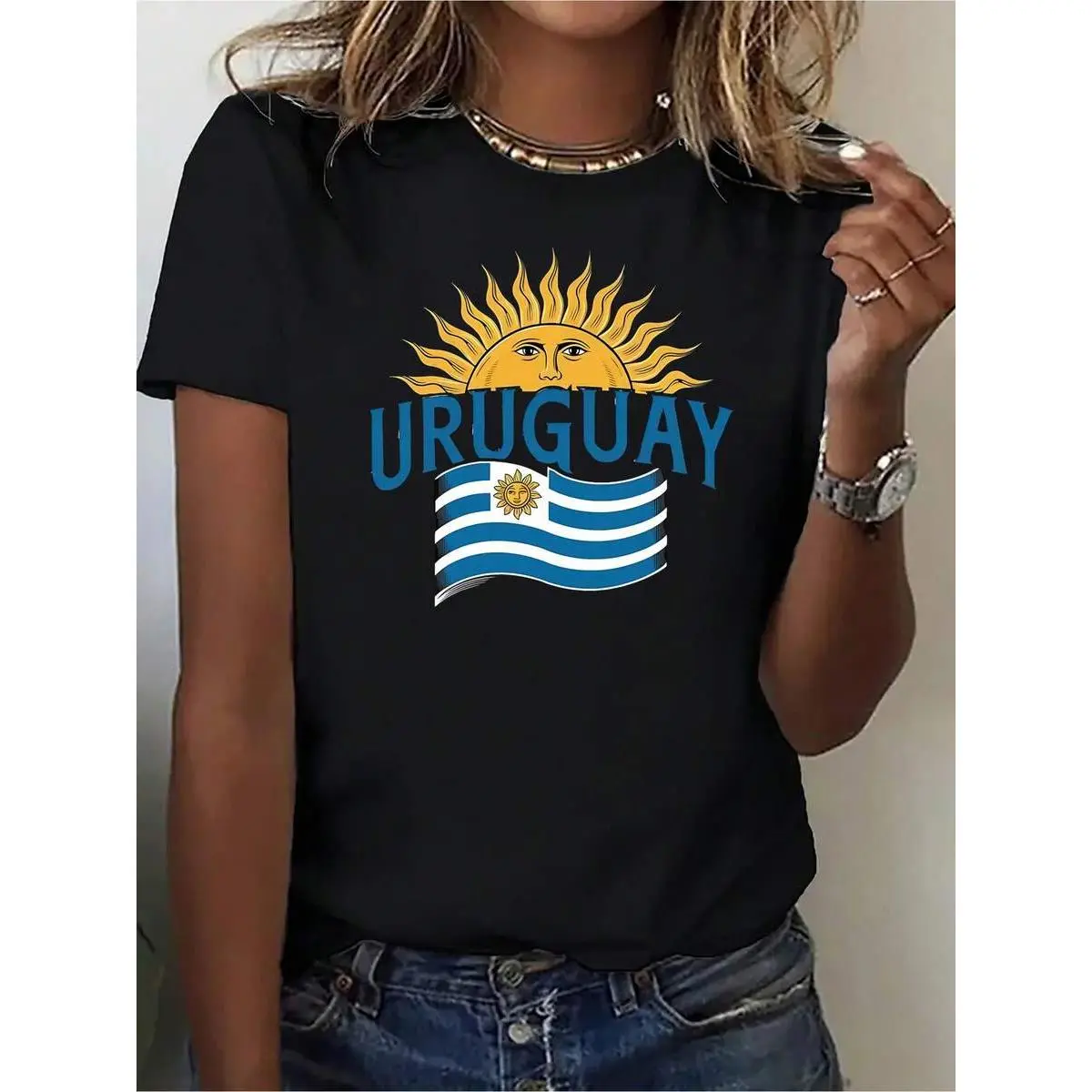 Women's Uruguay Flag Print Tshirt - Crew Neck, Short-Sleeve, Oversized, 95% Polyester 5% Spandex, Breathable Fabric, Medium Stretch, Casual Sports Style, All-Season Knit Tee