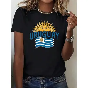 Uruguay Flag Print Women'S T-Shirt, Crew Neck Polyester Knit Tee, Medium Stretch, Casual Sports Style, All Season, 95% Polyester 5% Spandex