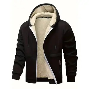 Men's Fashion Lined Hoodie - Warm and Comfortable Solid Color Zipper Autumn/Winter Casual Polyester Fiber Jacket with Drawstring Hoodie, Cold Weather Clothing |   Fashion Hoodie |   Plush Lined Hoodie