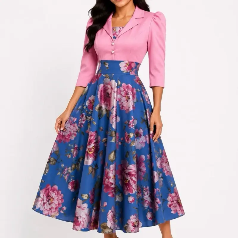 Long Purple Flower Dress with Elegant Floral Print and Button Front Design for Women