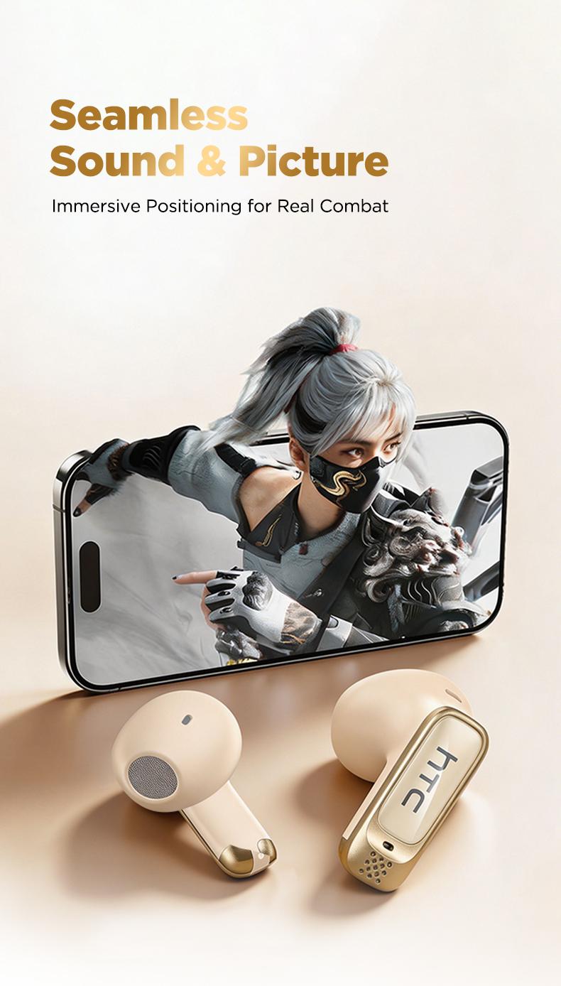 HTC NE72 Wireless Smart Screen Earbuds, Switch Bluetooth Name to Change Earbuds/Speaker Mode, Translation Earbuds, Two Touch Modes: Music Control & TikTok Scroll/Like