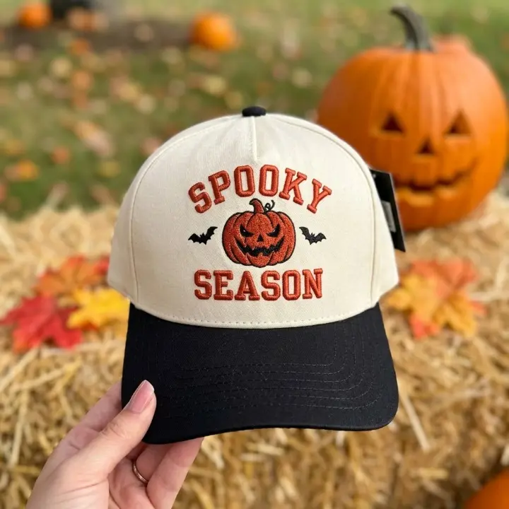 Spooky Season Embroidered Hat, Red Pumpkin and Bats Cap, Halloween Party Merch