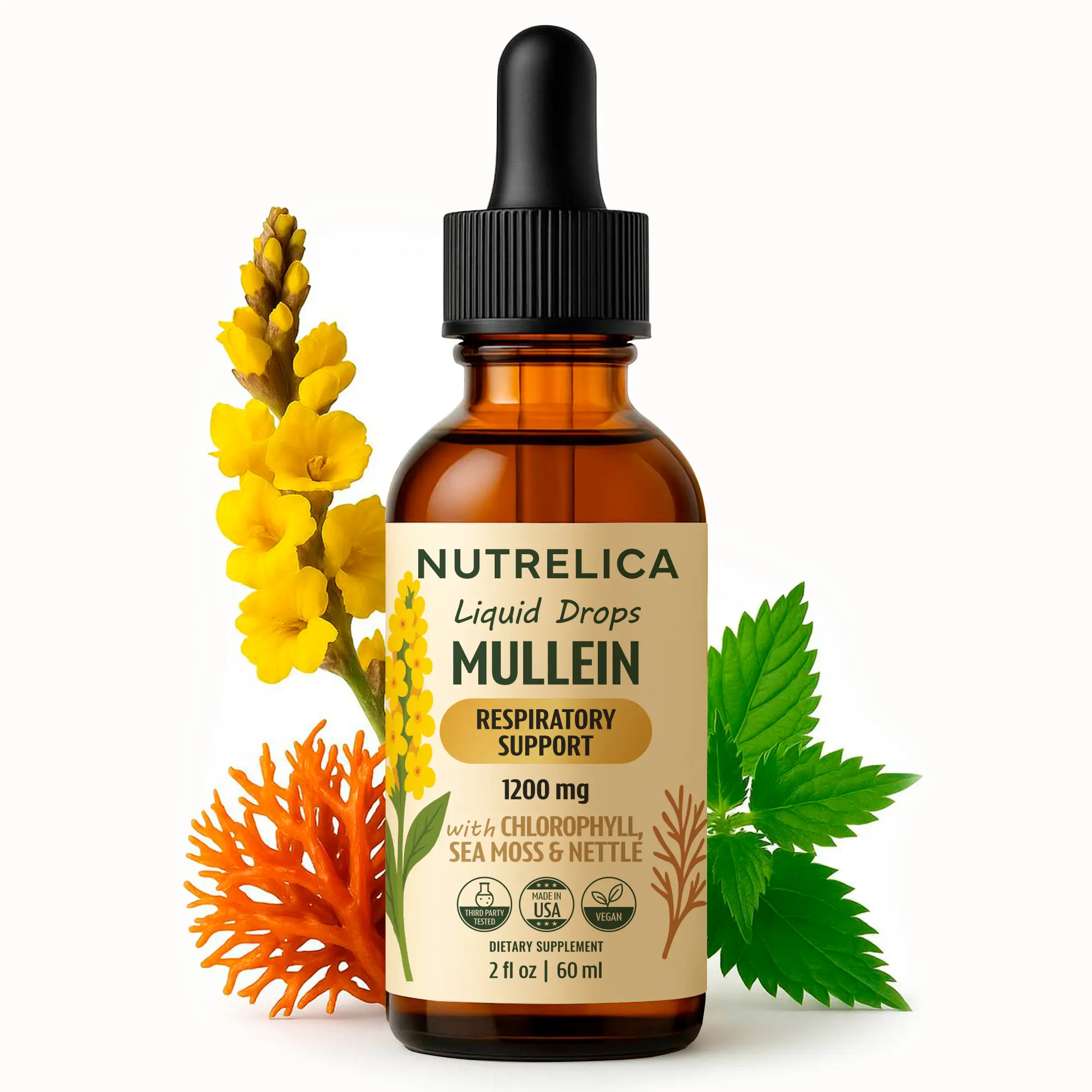 Mullein with Chlorophyll, Sea Moss & Nettle – Lung Support – 1200mg, No Sugar, Alcohol-Free, Vegan, Non-GMO