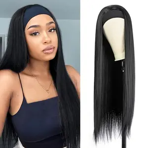 Bling Hair Straight Headband Human Hair Wig Black Heat Hair Women's Headband Wig Full Wigs Women For Daily Use 180 Density 14 to 26 Inches