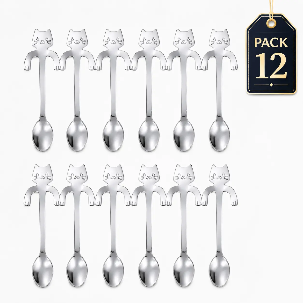 Mini Cat Coffee & Tea Spoons, 304 Stainless Steel 4.5 in Teaspoons for Espresso, Dessert, Ice Cream & Sugar, Silver, Pack of 12