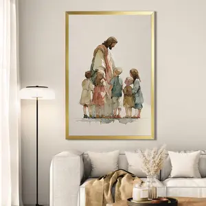 Jesus with Children Canvas Wall Art, Christian Nursery Decor, Bible Story Watercolor Print for Kids Room Baby Nursery, Christian Gift
