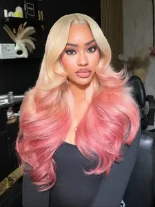 26 Inch Pink and White Highlights Body Wave Wig Heat Resistant Synthetic Hair Perfect for Daily Wear & Parties