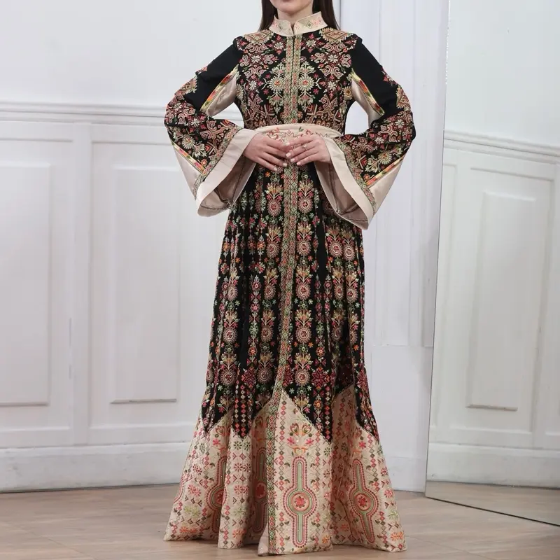 Women's Formal Islamic 3-Piece Embroidered Long-Sleeve Thobe Dress, Black and Gold Modest Fashion Style, Embroidery