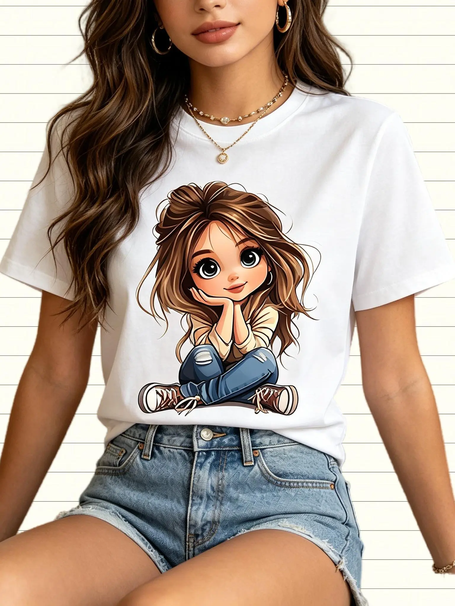 Women's Plus Size Short-Sleeve Crew Neck Fitted Cropped Knit T-Shirt - Soft Cotton, Cute Cartoon Girl Graphic, Bow, Lightweight, Basic Boho, Heat Transfer, Valentines Day/Halloween/Holiday Casual Top, S-5XL sohochic