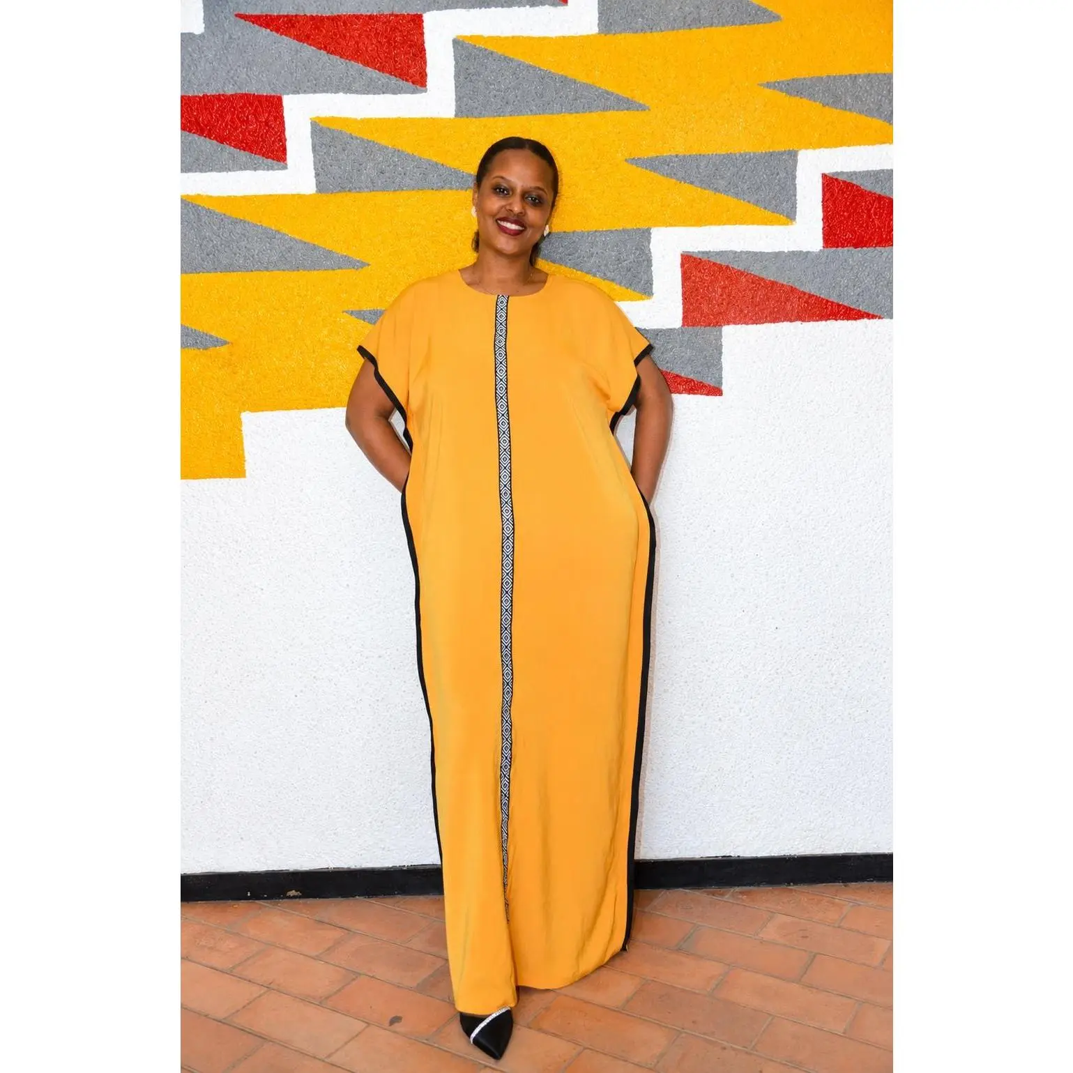 Minimalist Mustard Yellow Boubou Gown | Plain Kaftan with Patterned Placket, Solid Maxi