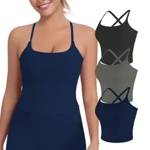 【LOCAL SHIPPING】2026 New Adjustable Straps Built-in Bra Tank Top - Criss Cross VS Spaghetti Thin Straps & Scoop Neck, Slim Cute Buttery Soft Thicker Fabric Longline Sports Bra with Built-in One-Piece Bra Pads Yoga Wear Fitness Yoga Gym Activewear NORMOV