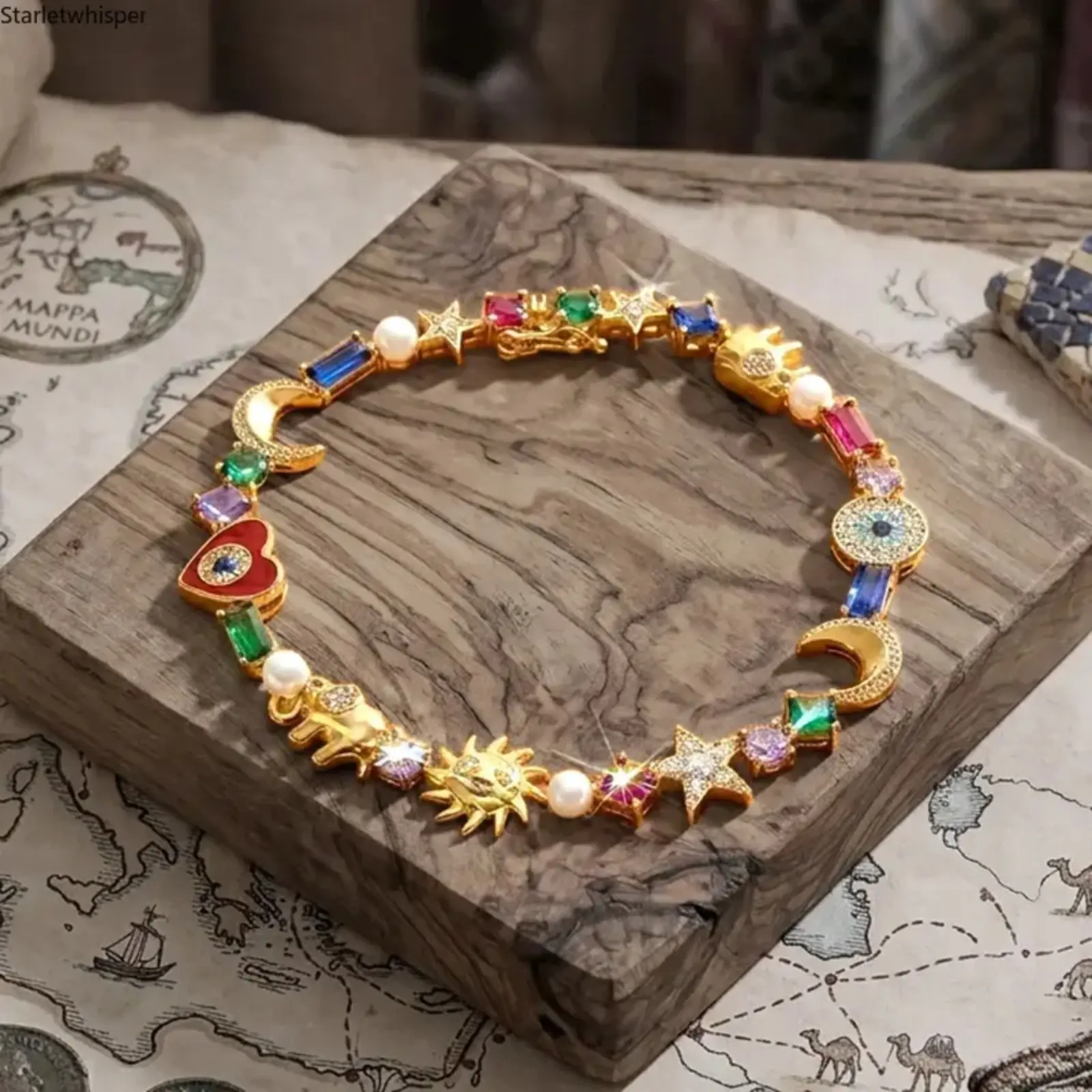 14K Gold Plated  Link Charm Bracelet, Evil Eye Lucky Elephant Moon Star Design, Colorful Zircon Inlaid Jewelry, Elegant High-grade Accessory for Women Daily Wear & Gifting