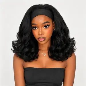 Loose Wave Curly Headband Wig for Black Women 16 Inch Natural Black Bouncy Curl Head Band Wig Heat Resistant Synthetic Wear & Go Glueless Wig with Adjustable Headband Wig