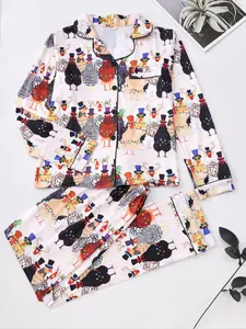 Women's Cute Chicken Cartoon Print Pajama Set, Button Front Long Sleeve Top & Comfortable Pants, All-Season Casual Sleepwear, Nightwear Lounge Set