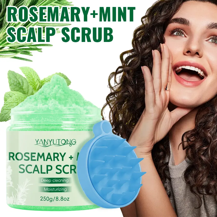Rosemary Mint Scalp Scrub with Sea Salt & Walnut Shell Powder, Plant-Based Exfoliating Scalp Care with Camellia Extract, Refreshing Hair Treatment with Silicone Massage Brush for Men & Women